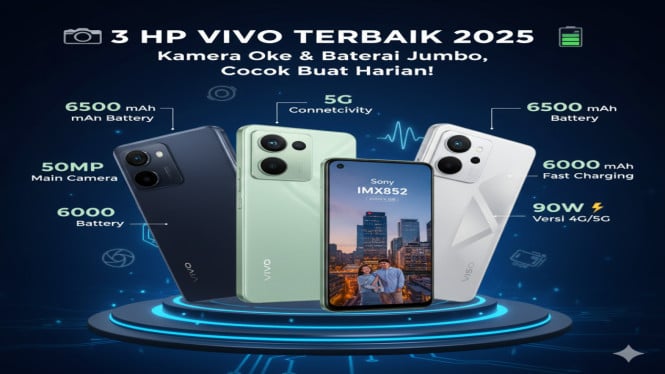 HP Vivo Low-End 2025 dengan Kamera Oke, Vivo Y300t: Tahan Lama dengan Baterai 6.500 mAh, Vivo Y400 5G: Kamera Sony dan Fast Charging 90W, Vivo V50 Lite 4G/5G: Serbaguna dan Seimbang, Opsi Vivo di Pasar Indonesia, Mana yang Cocok untuk Kamu?