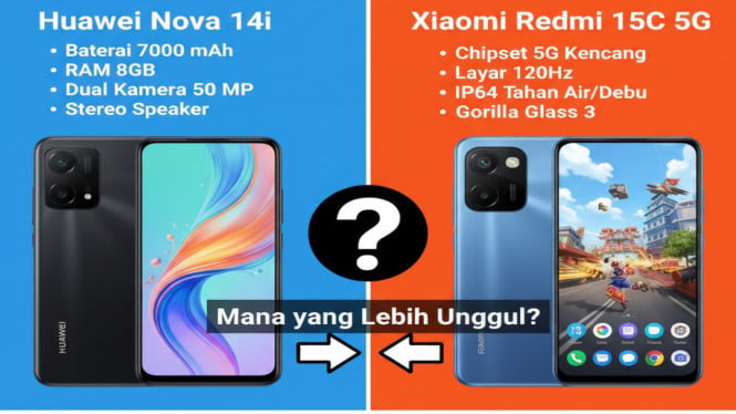 Huawei Nova 14i vs Redmi 15C 5G, Desain dan Ketahanan, Layar dan Visual, Performa dan Dapur Pacu, Kamera: Single vs Dual, Baterai dan Pengisian Daya, Audio dan Hiburan, Sistem Operasi dan Fitur Tambahan, Konektivitas, Mana yang Layak Dibeli?