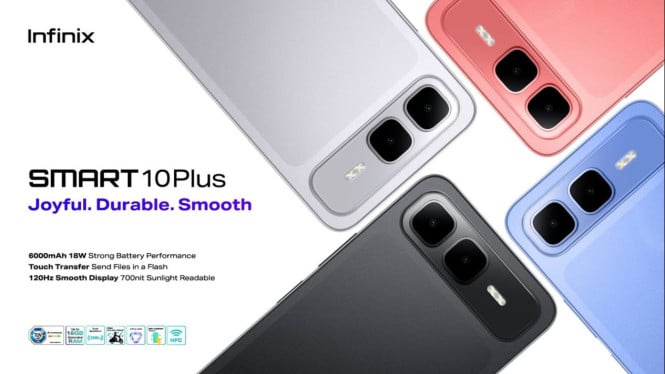 Infinix Smart 10 Plus, 1. Desain Premium dengan Layar Luas 6,82 Inci, 2. Performa Stabil dengan Chipset Helio G35, 3. Baterai Jumbo 6000 mAh, Tahan Seharian, 4. Kamera AI 50 MP yang Jernih dan Detail, 5. Harga Terjangkau, Fitur Melimpah