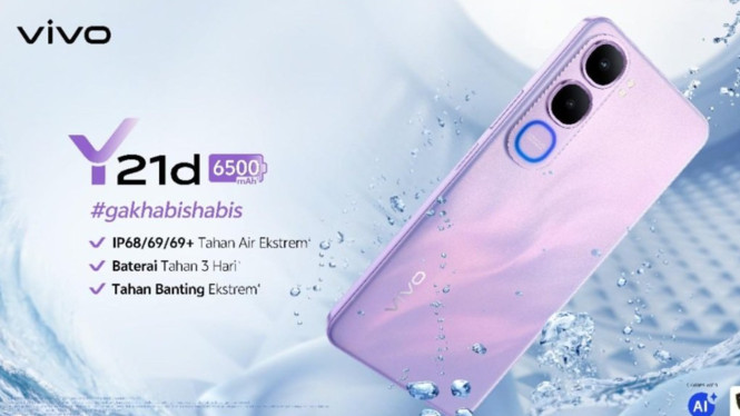 Vivo Y21d, Desain Tahan Banting dan Sertifikasi Ketahanan, Baterai Jumbo 6500mAh dan Pengisian Cepat, Layar Lebar dan Audio Jernih, Kamera 50MP dengan Mode Bawah Air, Performa Andal dengan Prosesor Unisoc, Pilihan Warna dan Varian
