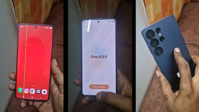 Tampilan layar Samsung Galaxy S26 Ultra yang mengalami masalah garis hijau vertikal