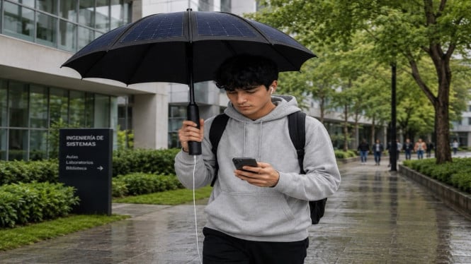 Payung Pintar Berpanel Surya Ini Bisa Isi Daya HP Sambil Jalan, Memanfaatkan Sinar Matahari Lewat Kanopi Payung, Desain Cerdas Dengan Power Bank Di Dalam Gagang, Skema pengisian daya smartphone menggunakan payung panel surya (Photo: Victoria Garcia Moreno), Solusi Pengisian Daya Darurat Yang Praktis, Tantangan Teknologi Panel Surya Lipat