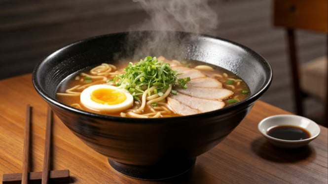 Ilustrasi ramen kaldu ayam, Bahan-Bahan yang Dibutuhkan Untuk Kuah Kaldu Ayam:, Untuk Mie dan Topping:, Cara Membuat Ramen Kuah Kaldu Ayam, 1. Membuat Kuah Kaldu, 2. Menyiapkan Topping, 3. Merebus Mie, 4. Penyajian