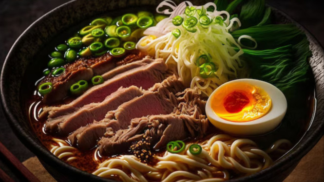 Ilustrasi topping ramen, 1. Telur Ramen (Ajitsuke Tamago), 2. Ayam Kecap Panggang, 3. Daun Bawang Iris, 4. Jamur Shimeji atau Jamur Tiram, 5. Jagung Manis Rebus, 6. Bawang Putih Goreng, 7. Keju Parut (Topping Fusion)