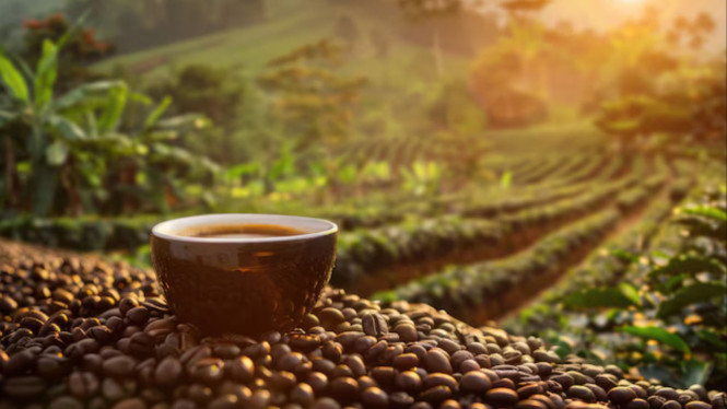 Ilustrasi kopi Indonesia, 1. Kopi Tubruk Jawa, 2. Kopi Kawa Sumatera Barat, 3. Kopi Rarobang Maluku, 4. Kopi Talua Sumatera Barat, 5. Kopi Lelet Rembang, 6. Kopi Sanger Aceh, 7. Kopi Arang Jogja