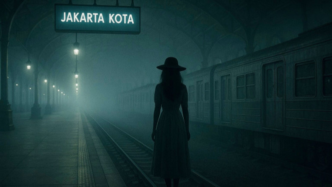 Ilustrasi wanita misterius, Sejarah Stasiun Jakarta Kota, Legenda Noni Belanda, Latar Belakang Mistis Stasiun, Daya Tarik Wisata Stasiun Jakarta Kota, Stasiun Jakarta Kota, Pengalaman Tur Berpemandu, Nilai Sejarah dan Edukasi