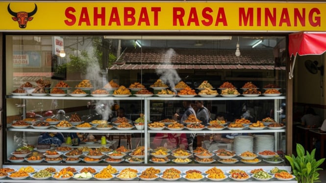Ilustrasi warung masakan Padang, 1. Bahan-Bahan Segar dan Rempah Khas Minangkabau, 2. Teknik Memasak Tradisional yang Panjang, 3. Penyajian Hidang yang Khas, 4. Cita Rasa Seimbang dan Tekstur Beragam, 5. Identitas Budaya Minangkabau dalam Hidangan