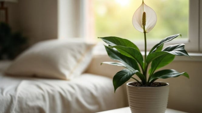Ilustrasi Tanaman Hias di Kamar, 1. Lidah Mertua (Sansevieria trifasciata), 2. Peace Lily (Spathiphyllum), 3. Lavender (Lavandula angustifolia), 4. Philodendron, 5. Spider Plant (Chlorophytum comosum)