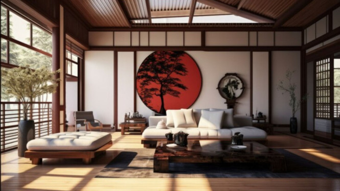 Ilustrasi Dekorasi Rumah ala Jepang, 1. Shoji (Sekat atau Pintu Geser), 2. Tatami Mat, 3. Fusuma (Sekat Bergambar), 4. Taman Mini (Zen Garden), 5. Tokonoma (Alcove Tradisional), 6. Ikebana (Seni Merangkai Bunga), 7. Lampu Lentera Tradisional, 8. Elemen Kayu dan Bambu, 9. Prinsip Minimalisme