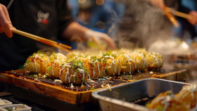Ilustrasi Takoyaki, 1. Martabak Mini dengan Varian Rasa Modern, 2. Es Kopi Susu Kekinian, 3. Takoyaki dengan Sentuhan Lokal, 4. Roti Bakar Premium, 5. Sate Taichan, 6. Dimsum Mini, 7. Pisang Nugget, 8. Salad Buah Segar, 9. Corn Dog Mozzarella, 10. Kue Cubit Varian Rasa