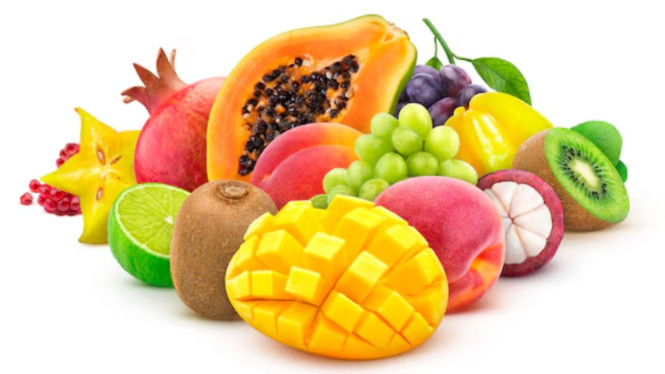 Ilustrasi Buah, 1. Jambu Biji (Guava), 2. Jeruk, 3. Pepaya, 5. Delima