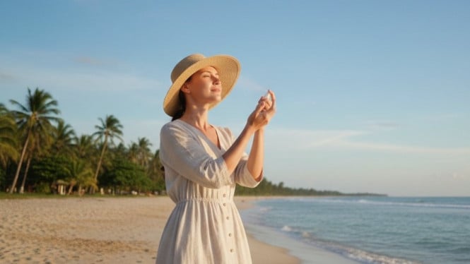 Ilustrasi memakai sunscreen spray, 1. Skintific All Day Light Sunscreen Mist SPF 50+ PA++++, 2. Azarine Hydrasoothe Sunscreen Mist SPF 50 PA++++, 3. Somethinc Holyshield! Sunscreen Shake Mist SPF 46 PA+++, 4. Erha Perfect Shield Sunscreen Spray SPF 50 PA++++, 5. Anessa Perfect UV Skincare Spray SPF 50+ PA++++