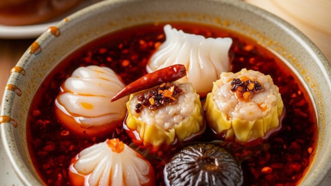Ilustrasi dimsum chili oil, Seblak Sushi: Perpaduan Unik Jepang dan Nusantara, Tahu Isi Pedas dengan Chili Oil Modern, Sambal Cakalang Roa: Cita Rasa Pedas Asap Khas Maluku, Pisang Goreng Sambal Roa: Kombinasi Manis dan Pedas yang Eksotis, Ceker Setan Tanpa Tulang: Camilan Pedas yang Praktis, Keripik Kaca Pedas: Camilan Transparan yang Menggoda, Dimsum Chili Oil: Sentuhan Pedas pada Kuliner Tiongkok