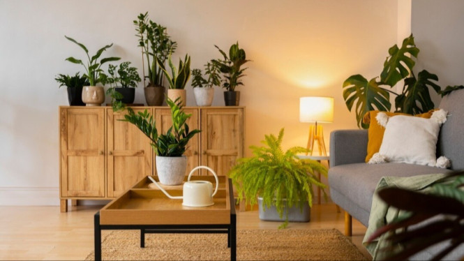 Ilustrasi Tanaman Hias, 1. Monstera Deliciosa, 2. Fiddle Leaf Fig (Ficus lyrata), 3. Calathea Orbifolia, 4. Philodendron Selloum, 5. Peace Lily Giant (Spathiphyllum Sensation)