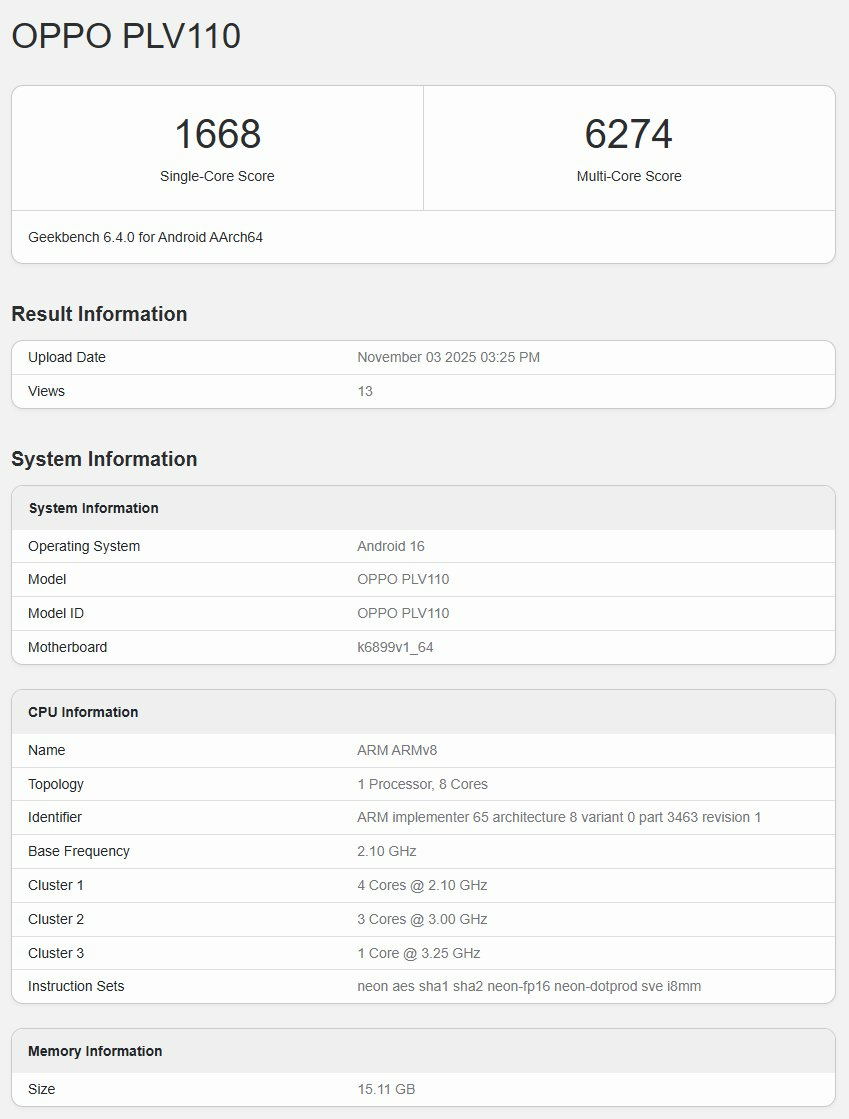 Spesifikasi OPPO Reno 15 di Geekbench