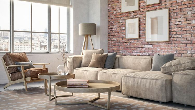 Bohemian living room interior 3d render with  beige colored furniture and wooden elements and brick wall, 1. Menyimpan bunga kering atau palsu, 2. Menempatkan meja di depan jendela, 3. Menempatkan bangku di kaki tempat tidur, 4. Pisau di meja dapur, 5. Memiliki karya seni yang salah, 6. Tempat tidur bersandar di dinding, 7. Menyimpan barang di bawah tempat tidur, 8. Mencampur berbagai gaya feng shui, 9. Hindari tanaman kaktus