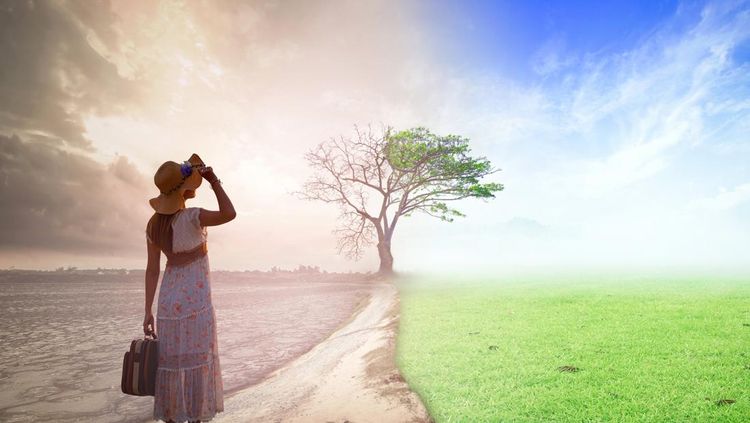 Woman standing between climate worsened with good atmosphere