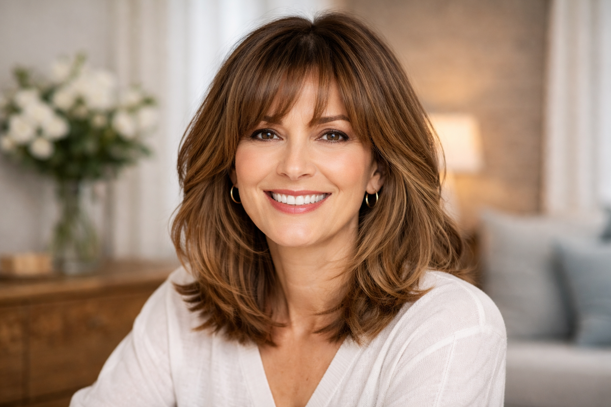 curtain fringe, poni tebal, Gaya Rambut Curtain Fringe Kembali Tren, Bikin Wajah Terlihat Lebih Muda, Poni tirai membuat wajah terlihat lebih lembut, Kunci potongan ada pada proporsi dan tekstur, Cara menata curtain fringe agar tetap rapi, Fleksibel dan mudah menyesuaikan gaya