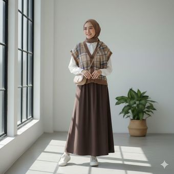 5 Inspirasi Outfit Bukber Serba Coklat yang Hijab Friendly, 1. Perpaduan manis kardigan rajut dan gaun hitam, 2. Tampil "preppy" dengan kardigan kopi dan rok motif plaid, 3. Tampil santai dengan rompi rajut dan sneakers putih, 5. Layering simpel kardigan putih dan rok coklat tua