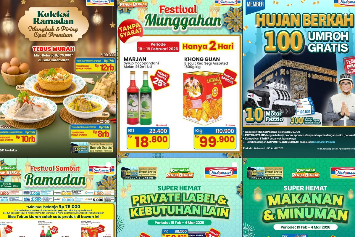 Indomaret, promo Indomaret, Promo Indomaret Hari Ini 22 Februari 2026, Minyak Goreng Bimoli 2 Liter Rp 37.900, 1. Harga Spesial (hingga 23 Februari), 2. Super Hemat Kebutuhan Pribadi & Rumah (hingga 4 Maret), 3. Super Hemat Private Label (hingga 4 Maret), 4. Super Hemat Makanan & Minuman (hingga 4 Maret), 5. Festival Sambut Ramadhan (hingga 25 Februari), 6. Promo Susu & Perlengkapan Balita (hingga 4 Maret), 7. PWP (hingga 25 Februari), 8. Promo 7 Hari (hingga 25 Februari)