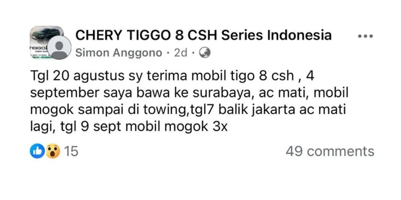 software update, Chery Tiggo 8, Rifkie Setiawan, performa kehilangan tenaga, Tanggapan Chery Indonesia Soal Keluhan Pengguna Tiggo 8 CSH