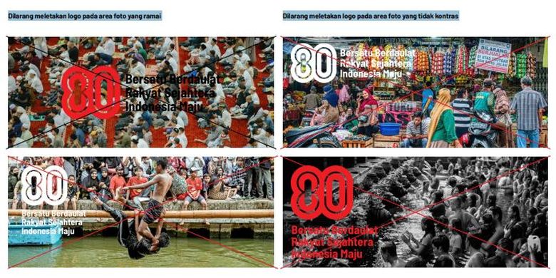 HUT ke-80 RI, logo HUT ke-80 RI, aturan logo HUT ke-80 RI, Perhatikan Aturan Penggunaan Logo HUT ke-80 RI, Ini Contoh yang Salah, 1. Aturan zona aman pada logo HUT ke-80 RI, 2. Aturan orientasi, warna, dan komposisi logo HUT ke-80 RI, 3. Aturan tipografi logo HUT ke-80 RI, 4. Aturan Penggunaan elemen grafis logo HUT ke-80 RI