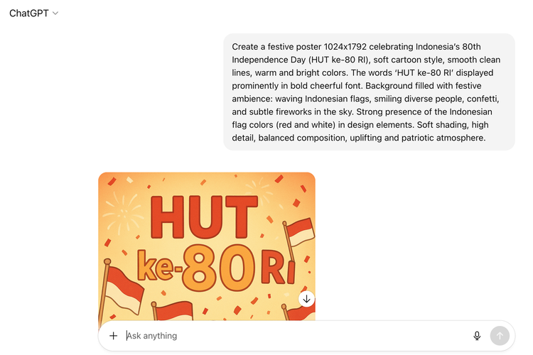 chatGPT, HUT ke-80 RI, Poster Hari Kemerdekaan Indonesia, Poster HUT ke-80 RI, Poster Dirgahayu RI, Cara Membuat Poster HUT ke-80 RI yang Keren dan Menarik via ChatGPT
