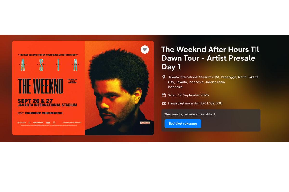 The Weeknd, tiket konser The Weeknd, link tiket The Weeknd Jakarta, Link Tiket Konser The Weeknd Jakarta, Harga, dan Cara Belinya