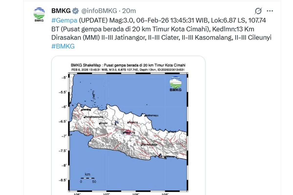 Cimahi, Gempa Cimahi Magnitudo 3,0 Siang Ini dan Wilayah yang Merasakannya