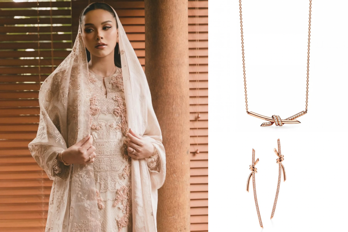 Kilau Mewah Perhiasan Alyssa Daguise saat Pengajian 7 Bulanan, Nuansa Rose Gold, 1. Pendant Rose Gold dengan Berlian, 2. Drop Earrings Rose Gold, 3. Double Row Ring Tiffany Knot, 4. T1 Narrow Diamond Hinged Bangle, 5. T1 Ring Rose Gold dengan Berlian