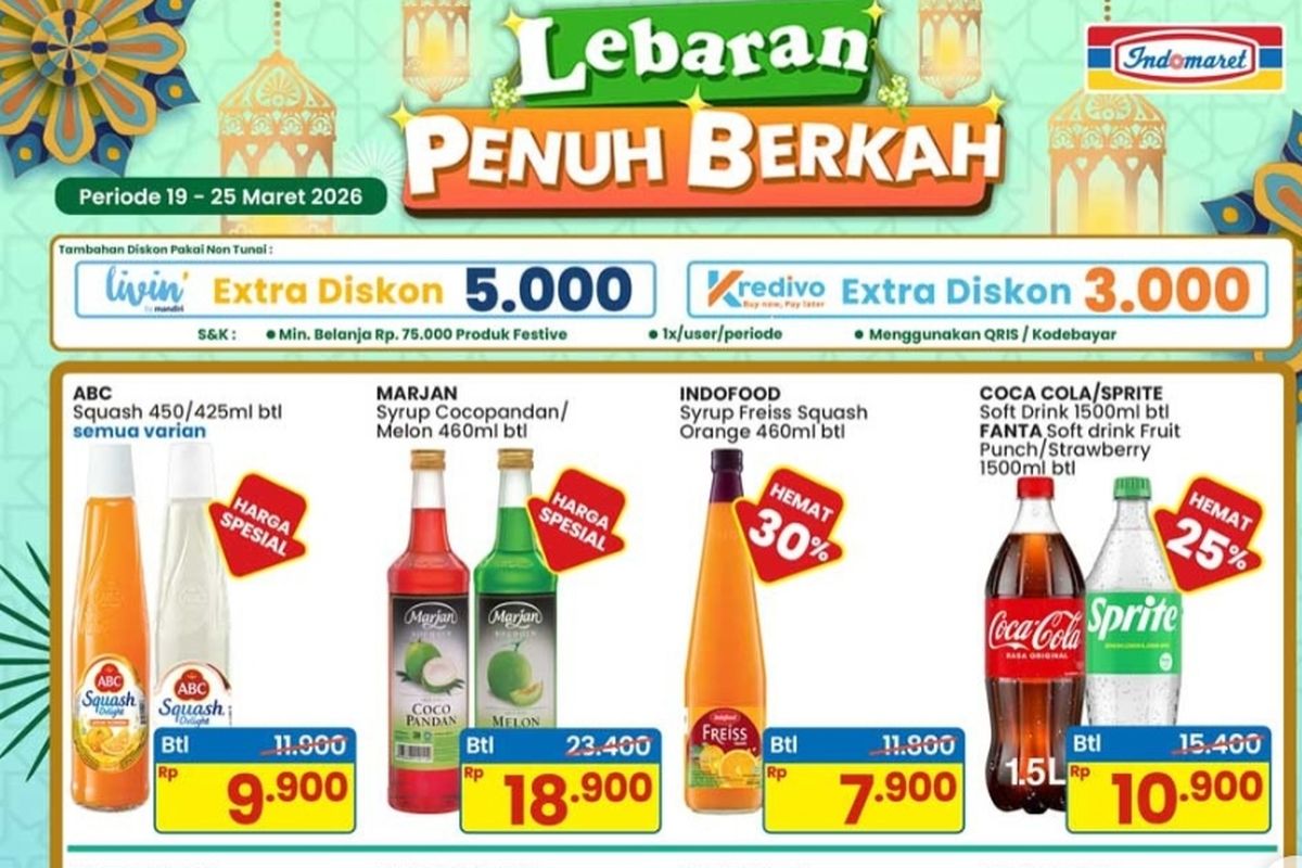 Indomaret, promo Indomaret, Promo Indomaret Hari Ini 21 Maret 2026, Beli Banyak Lebih Hemat di Hari Raya, 1. Fresh & Healthy (hingga 31 Maret), 2. Super Hemat Kebutuhan Pribadi & Rumah (hingga 1 April), 3. Super Hemat Private Label (hingga 1 April), 4. Super Hemat Makanan & Minuman (hingga 1 April), 5. Lebaran Penuh Berkah (hingga 25 Maret), 6. Beli Banyak Lebih Hemat (hingga 1 April), 7. Harga Khusus Member (hingga 25 Maret), 8. PWP (hingga 25 Maret)