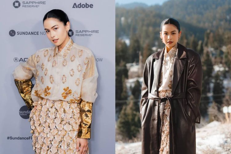 desainer BIYAN, Para Perasuk, Gaya Fashion Maudy Ayunda di Sundance Film Festival, Dihiasi bordir emas, Rok tiga dimensi, Mantel kulit menambah kesan misterius, Aksesori yang terinspirasi dari film "Para Perasuk"