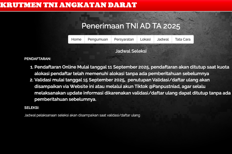 cara daftar tamtama tni ad 2025, syarat masuk TNI AD terbaru, pendaftaran tni ad 2025, Jalur aduan WhatsApp TNI, rekrutmen bintara tni 2025, tinggi badan minimal masuk tni, Seleksi prajurit TNI gratis, Masuk TNI tanpa ordal 2025, 107.000 Orang Daftar TNI AD 2025, KSAD Buka Jalur Aduan WhatsApp, Masuk Tanpa Ordal, KSAD pastikan rekrutmen gratis dan transparan, Jalur aduan WhatsApp untuk cegah KKN, Syarat seleksi TNI AD 2025, Kenapa ini penting?