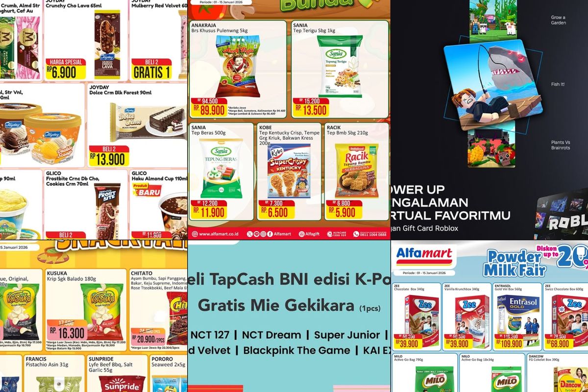 Alfamart, promo Alfamart, Promo Alfamart Hari Ini 7 Januari 2026, Roti Diskon hingga 30 Persen, 1. Carnaval Ice Cream (hingga 15 Januari), 2. Paling Murah Sejagat (hingga 8 Januari), 3. It's Breakfast Time, 4. Baby Foods Fair (hingga 15 Januari), 5. Cemilan Hemat (hingga 15 Januari), 6. Kebutuhan Dapur Bunda (hingga 15 Januari), 7. Tambah Sedikit Dapat Banyak (hingga  15 Januari)