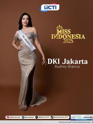 Audrey Bianca, Miss Indonesia, Miss Indonesia 2025, Busana Audrey Bianca, Audrey Bianca Callista, audrey bianca, gaya audrey bianca, busana audrey bianca, 5 Busana Audrey Bianca Saat Miss Indonesia 2025, Dress hingga Baju Adat, 1. Gaun emerald berhias bunga, 2. Gaun off-shoulders, 3. Gaun fuchsia, 4. Baju adat DKI Jakarta, 5. Gaun merah berpayet