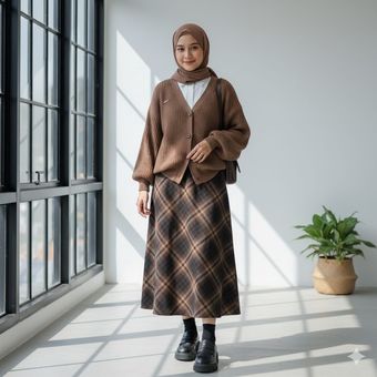 5 Inspirasi Outfit Bukber Serba Coklat yang Hijab Friendly, 1. Perpaduan manis kardigan rajut dan gaun hitam, 2. Tampil "preppy" dengan kardigan kopi dan rok motif plaid, 3. Tampil santai dengan rompi rajut dan sneakers putih, 5. Layering simpel kardigan putih dan rok coklat tua