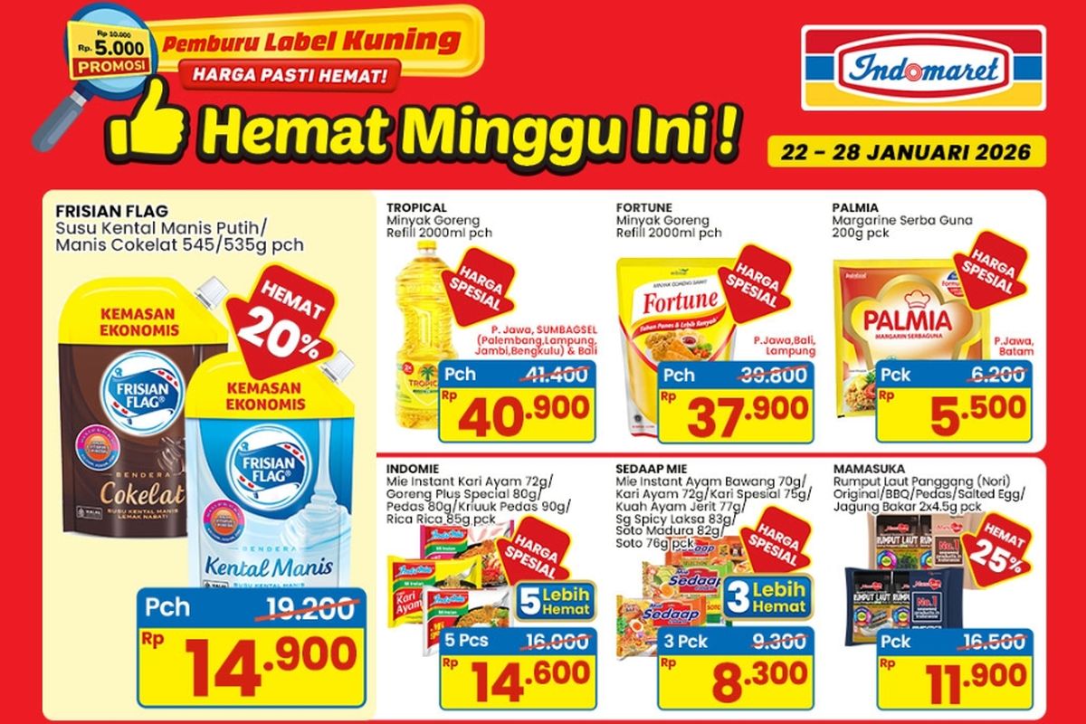 Indomaret, promo Indomaret, Promo Indomaret Hari Ini 24 Januari 2026, Tropical dan Fortune Harga Hemat, 1. Hemat Minggu Ini (hingga 28 Januari), 2. Ayo Sarapan Roti, 3. Ice Cream Fair, 4. Promo Spesial Gajian (hingga 4 Februari), 5. Harga Spesial (hingga 26 Januari), 6. Super Hemat (hingga 4 Februari), 7. Super Hemat Makanan &amp; Minuman (hingga 4 Februari), 8. Kebutuhan Ibu &amp; Anak (hingga 4 Februari)