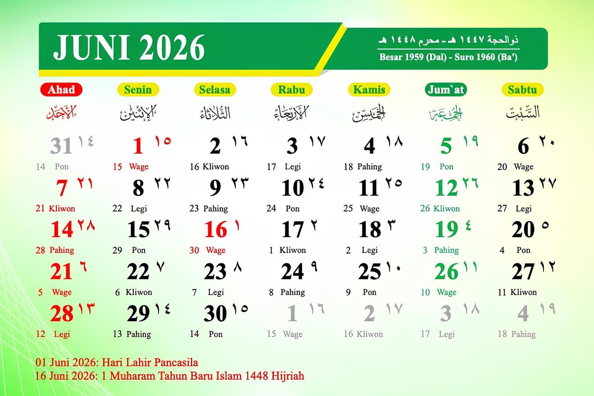 Tanggal merah, hari libur nasional, kalender Juni 2026, Kalender Juni 2026: Daftar Tanggal Merah yang Tersisa Bulan Ini