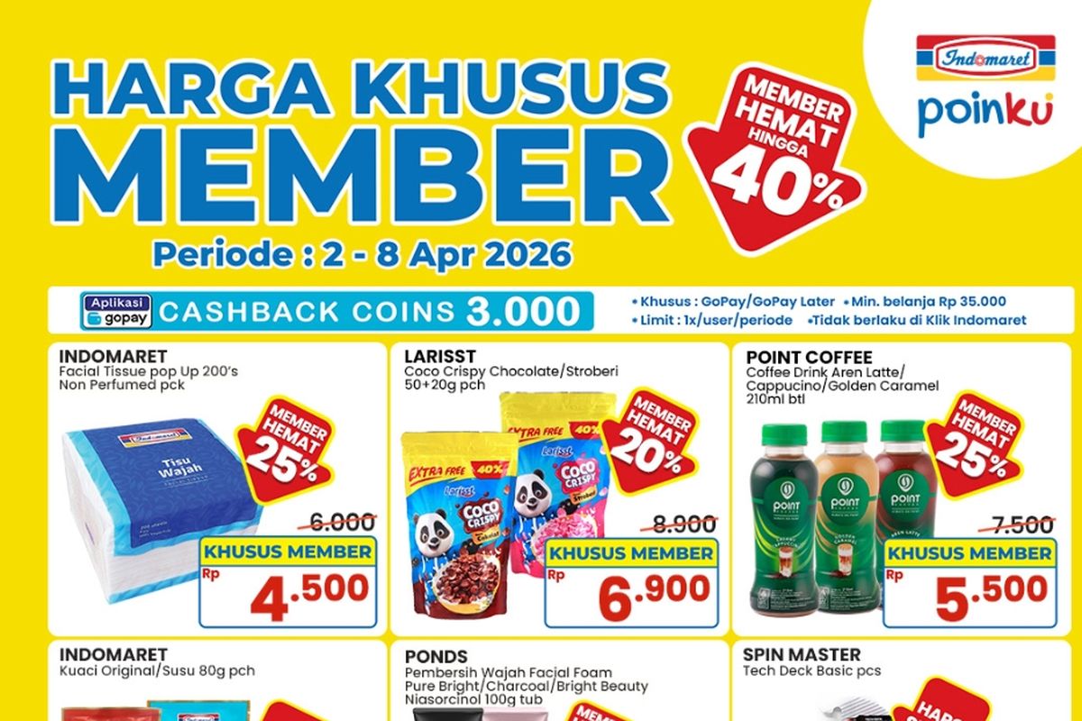 Indomaret, promo Indomaret, Promo Indomaret Hari Ini 6 April 2026, Member Bisa Hemat hingga 40 Persen, 1. Harga Spesial (hingga 6 April), 2. PWP (hingga 8 April), 3. Hemat Minggu Ini (hingga 8 April), 4. Paling Murah (hingga 8 April), 5. Harga Khusus Member (hingga 8 April)