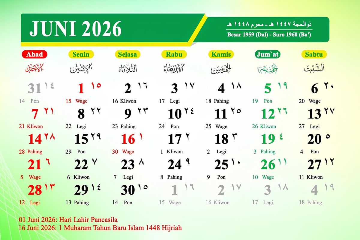 hari libur nasional, kalender Juni 2026, hari libur nasional Juni 2026, Kalender Juni 2026: Catat Tanggal Hari Libur Nasional Tersisa Bulan Ini