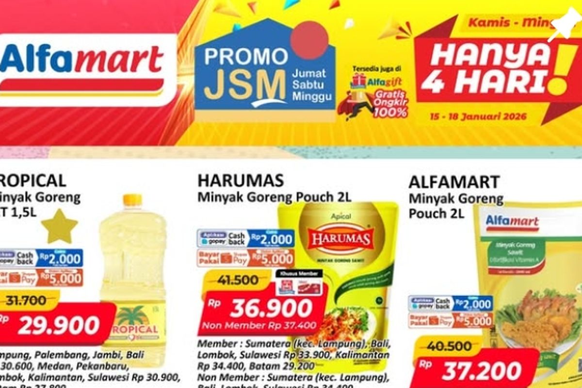 Alfamart, promo Alfamart, Promo Alfamart Hari Ini 16 Januari 2026, Minyak Goreng Filma 2 Liter Hanya Rp 38.500, 1. Promo JSM (periode 15-18 Januari), 2. Tanpa Syarat Belanja (hingga 22 Januari), 3. Liburan Asyik Long Weekend (hingga 18 Januari), 4. Minyak Goreng Hemat (hingga 22 Januari)