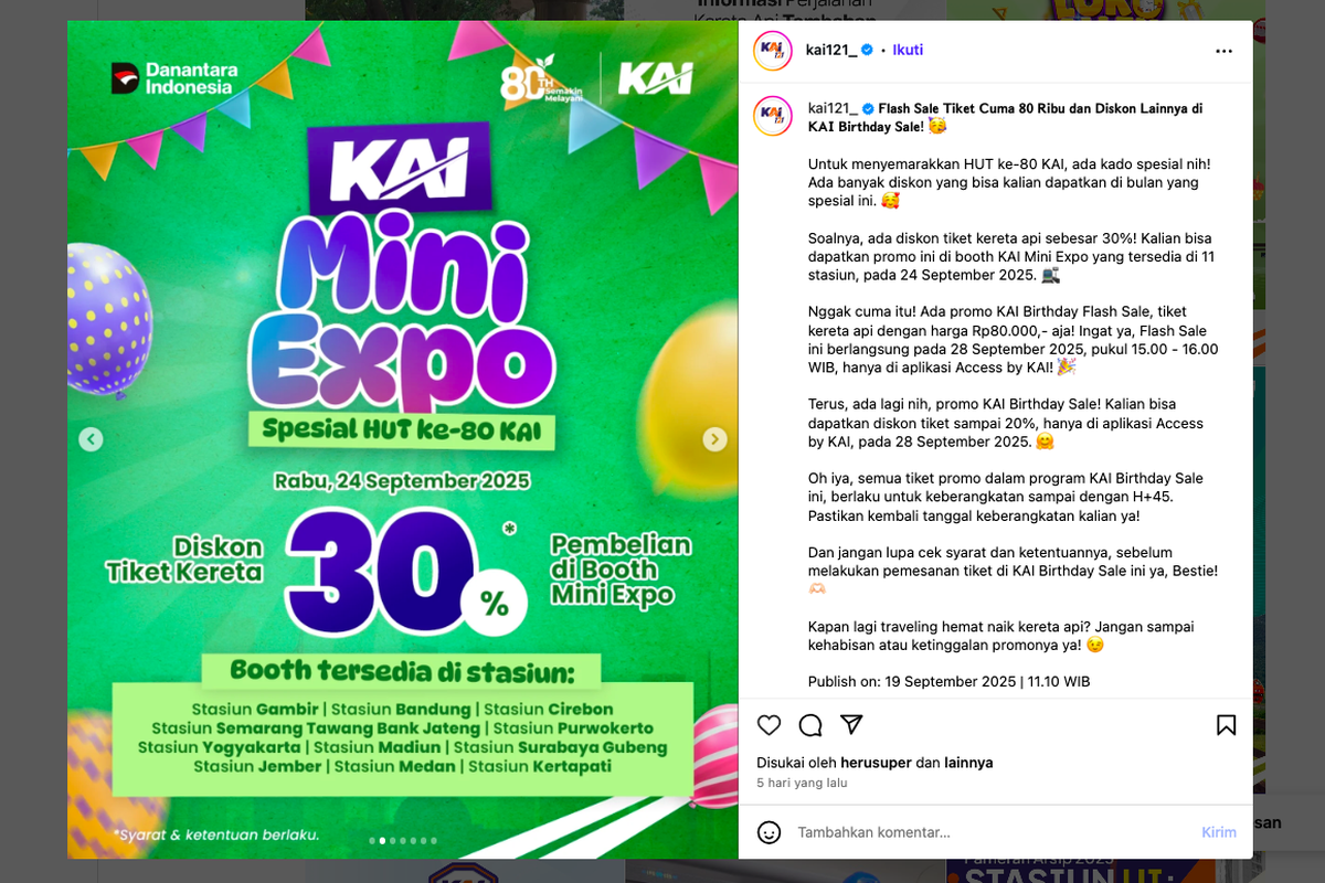 tiket kereta api murah, diskon tiket kai 2025, promo KAI Mini Expo, hut 80 kai, daftar stasiun KAI diskon, cara dapat tiket KAI 30 persen, syarat promo tiket KAI, jadwal promo KAI terbaru, Diskon Tiket Kereta Api 30 Persen Hanya Hari Ini! Cek 11 Stasiun yang Ikut Promo KAI Mini Expo 2025, Berlaku untuk keberangkatan hingga H+45, Daftar 11 stasiun dengan diskon tiket KAI 30 persen, Syarat dan ketentuan promo tiket KAI 2025, Strategi KAI gaet penumpang lewat promo besar-besaran