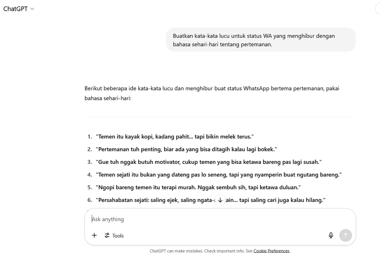 WhatsApp, status WA, status WA lucu singkat, Caption lucu status WA, ChatGPT, kata-kata lucu status WA, caption lucu status WA, status wa, chatGPT, Kata-kata lucu status WA, Cara Bikin Kata-kata Lucu untuk Status WhatsApp Otomatis dengan Mudah