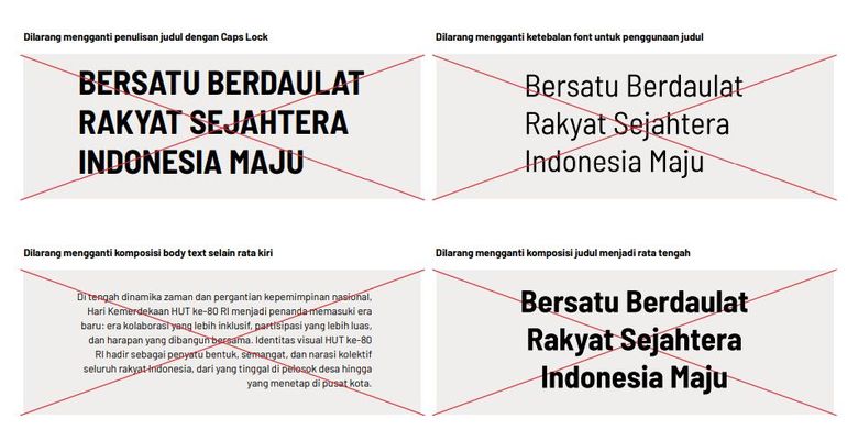HUT ke-80 RI, logo HUT ke-80 RI, aturan logo HUT ke-80 RI, Perhatikan Aturan Penggunaan Logo HUT ke-80 RI, Ini Contoh yang Salah, 1. Aturan zona aman pada logo HUT ke-80 RI, 2. Aturan orientasi, warna, dan komposisi logo HUT ke-80 RI, 3. Aturan tipografi logo HUT ke-80 RI, 4. Aturan Penggunaan elemen grafis logo HUT ke-80 RI