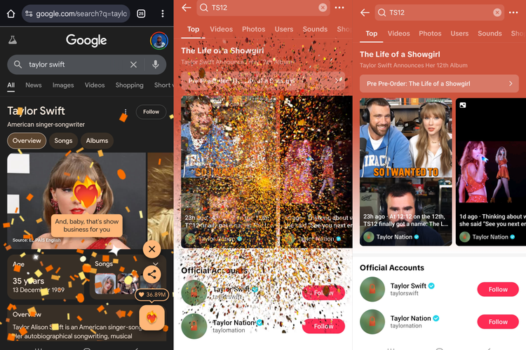 Google, easter egg, google search, Taylor Swift, Swift, TikTok, Swifties, the life of a showgirl, TS12, album TS12, ts12 album taylor swift, konfeti, Taylor Swift Umumkan Album The Life of a Showgirl, Google dan TikTok Hujan Konfeti Oranye