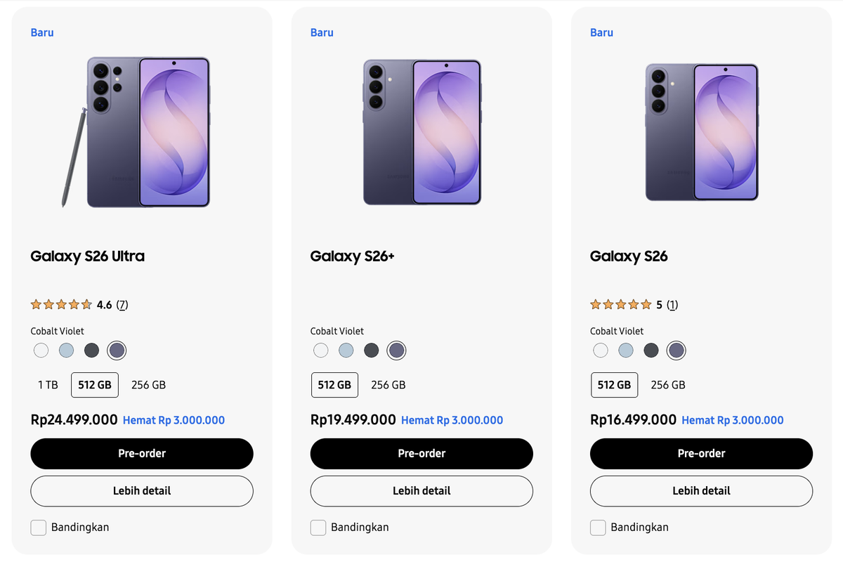 harga HP Samsung, Harga HP Samsung Hari Ini 12 Maret 2026, Hemat Rp 3 Juta untuk Preorder Galaxy S26, 1. Samsung Galaxy S26 series, 2. Samsung Galaxy S series lainnya, 3. Samsung Galaxy Z series, 4. Samsung Galaxy A series