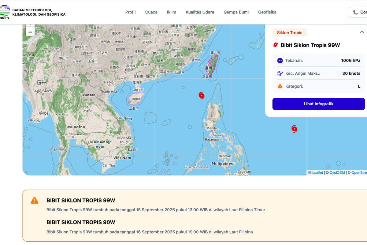 prakiraan cuaca BMKG terbaru, BMKG bibit siklon tropis 2025, siklon tropis 99W Filipina, siklon tropis 90W Filipina, dampak siklon tropis ke Indonesia, hujan lebat Kalimantan Utara BMKG, gelombang tinggi Natuna Utara, peringatan cuaca ekstrem bmkg, BMKG Deteksi 2 Bibit Siklon Tropis di Filipina, Ini Dampaknya ke Cuaca Indonesia