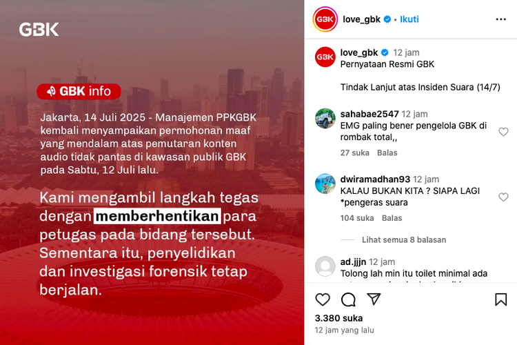 manajemen GBK, speaker GBK, Manajemen GBK, Pengelola GBK, speaker gbk, suara speaker GBK, petugas pemutar suara GBK, petugas GBK dipecat, petugas GBK, Manajemen GBK Resmi Memberhentikan Petugas yang Putar Suara Tak Senonoh