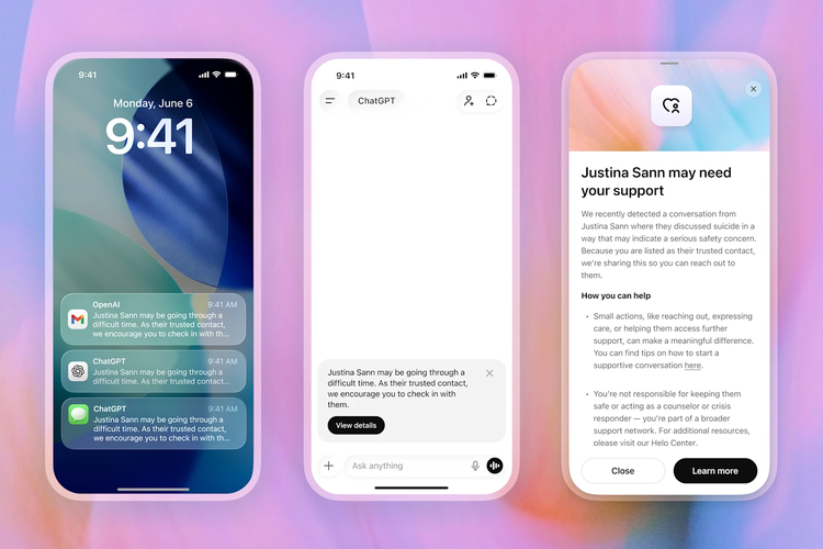 ChatGPT, bunuh diri, OpenAI, Trusted Contact, OpenAI Rilis Trusted Contact, Fitur Penting Jika Ada Tanda Kondisi Mental Serius, Cara kerja Trusted Contact di ChatGPT, Isi chat pengguna tidak dibagikan, Muncul di tengah gugatan kasus bunuh diri, Kontak bantuan