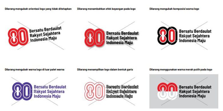 HUT ke-80 RI, logo HUT ke-80 RI, aturan logo HUT ke-80 RI, Perhatikan Aturan Penggunaan Logo HUT ke-80 RI, Ini Contoh yang Salah, 1. Aturan zona aman pada logo HUT ke-80 RI, 2. Aturan orientasi, warna, dan komposisi logo HUT ke-80 RI, 3. Aturan tipografi logo HUT ke-80 RI, 4. Aturan Penggunaan elemen grafis logo HUT ke-80 RI